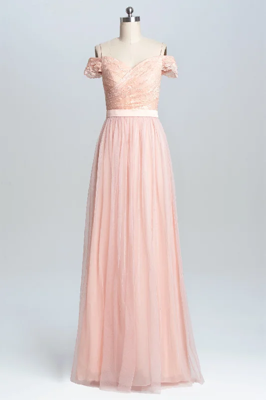 casual summer dressOff the Shoulder Pink Lace and Tulle Long Bridesmaid Dress