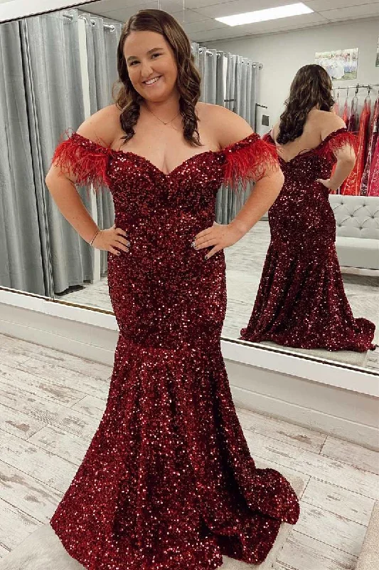 wrap-around dressRed Sequin Feather Off-the-Shoulder Trumpet Long Prom Dress