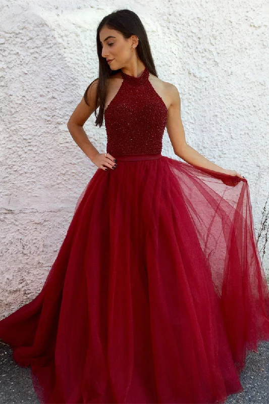 winter dressHalter Dark Red Long Tulle Prom Dress Evening Dress