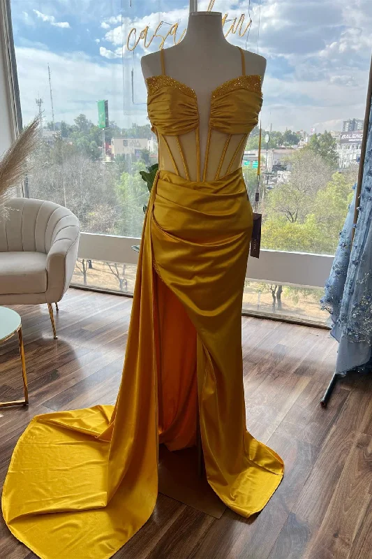 minimalistic dressYellow Beaded Mermaid Satin Deep V Neck Long Prom Dress with Slit