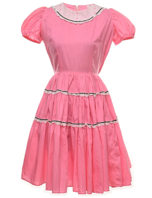 Pale Pink Lace Trim 1950s Dress - M