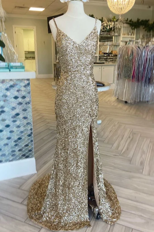 sophisticated dressGold Sequin V-Neck Mermaid Long Prom Gown with Slit