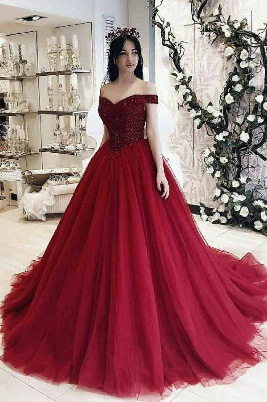 office dressGorgeous Off Shoulder Beaded Burgundy Long Prom Gown