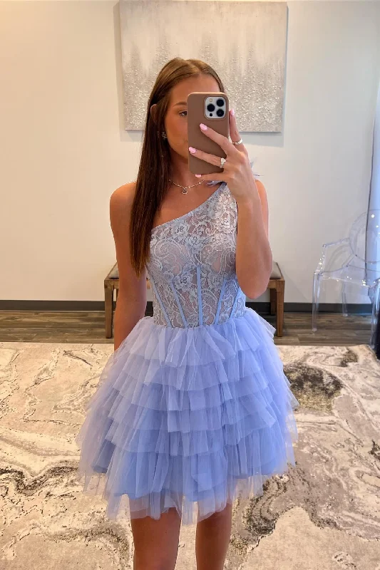 statement dressOne Shoulder Periwinkle Lace and Tulle Short Homecoming Dress