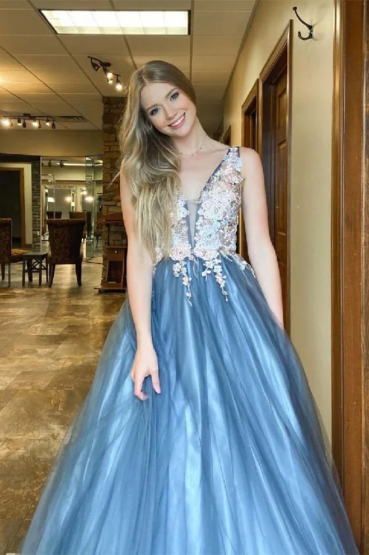 draped dressV-Neck Appliquess Dusty Blue Long Prom Dress