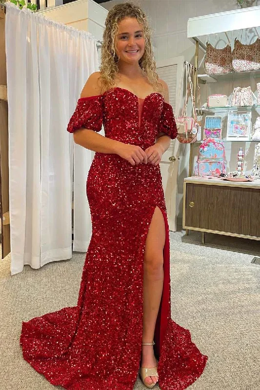 form-fitting dressRed Sequin Off-the-Shoulder Mermaid Long Prom Gown with Puff Sleeves