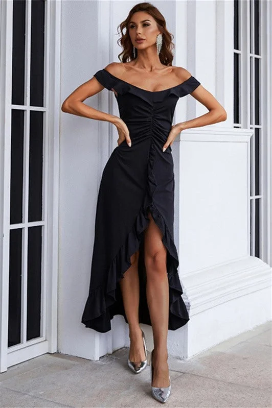 casual slip dressBlack Off the Shoulder High Low Party Dress