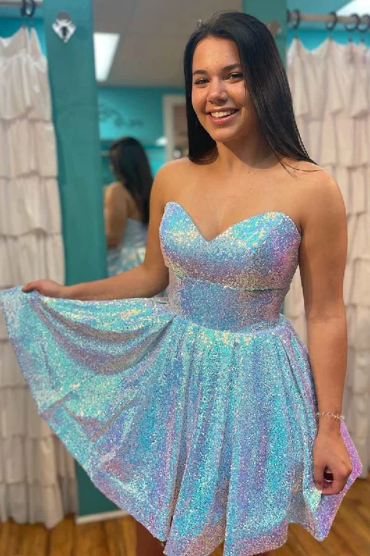 floral dressBlue Iridescent Sequin Strapless A-Line Short Party Dress