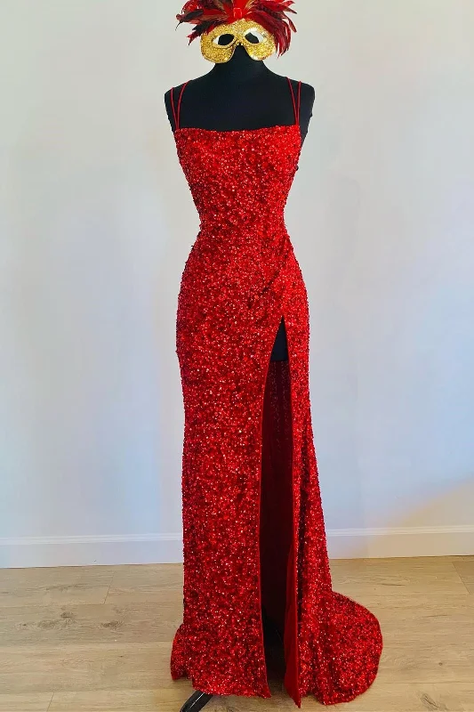 summer dressMermaid Red Sequin Long Prom Dress with Slit