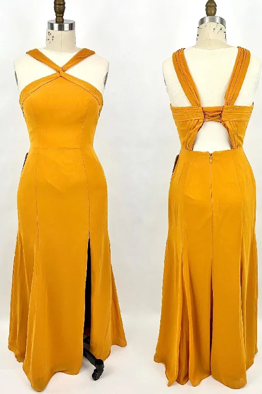 casual midi dressCross Straps Mustard Yellow Chiffon Long Bridesmaid Dress with Slit