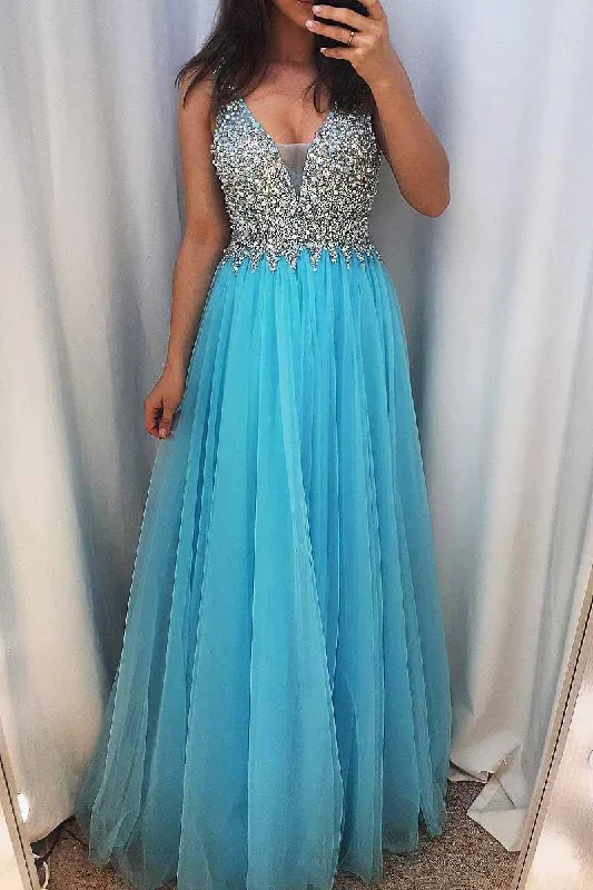 elegant evening dressSequined Tulle Blue Prom Dress with Illusion V Inset