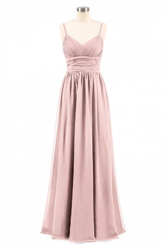 summer dressDusty Pink Spaghetti Straps Banded Waist Long Bridesmaid Dress