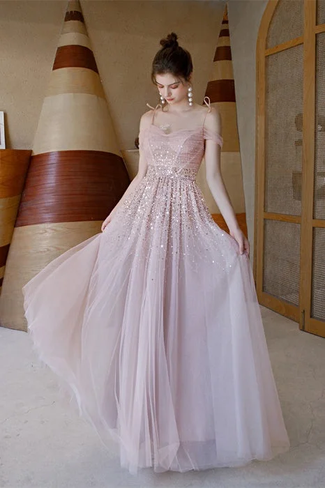 modern dressElegant Straps Sequins Pink Tulle Prom Dress