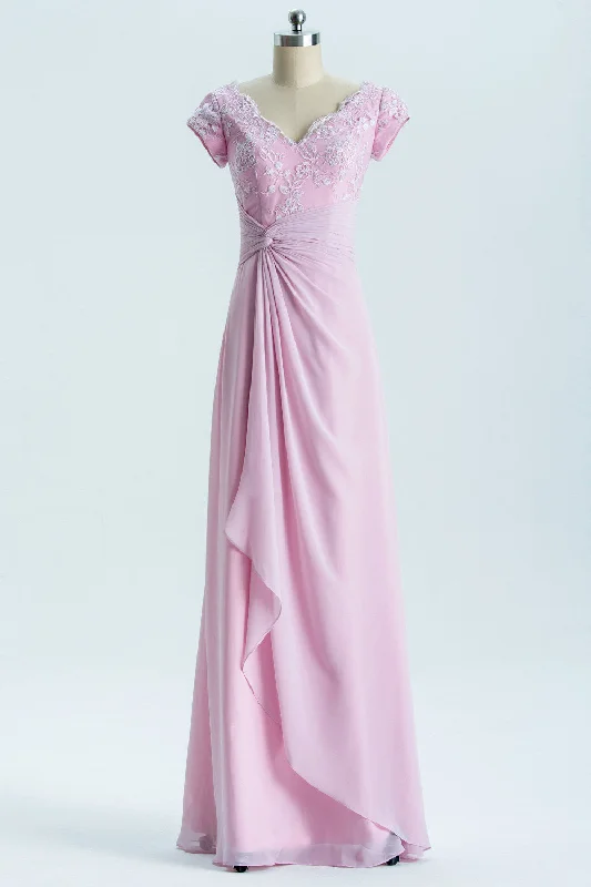 cocktail party dressShort Sleeves Pink Appliques Knot Long Bridesmaid Dress