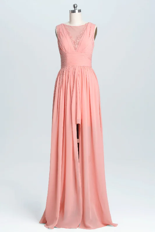 casual day dressCoral A-line Chiffon Empire Long Bridesmaid Dress