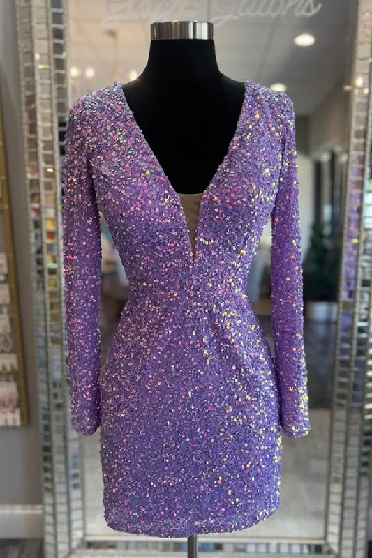 casual dressPurple Lace-Up Sequins Plunging V Neck Long Sleeves Sheath Homecoming Dress