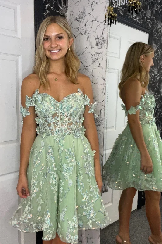 ruched dressSage Green A-line Off-the-Shoulder 3D Appliques Homecoming Dress