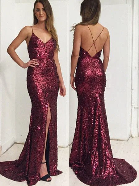 flowy evening dressSpaghetti Straps Mermaid Long Burgundy Sequin Evening Dress