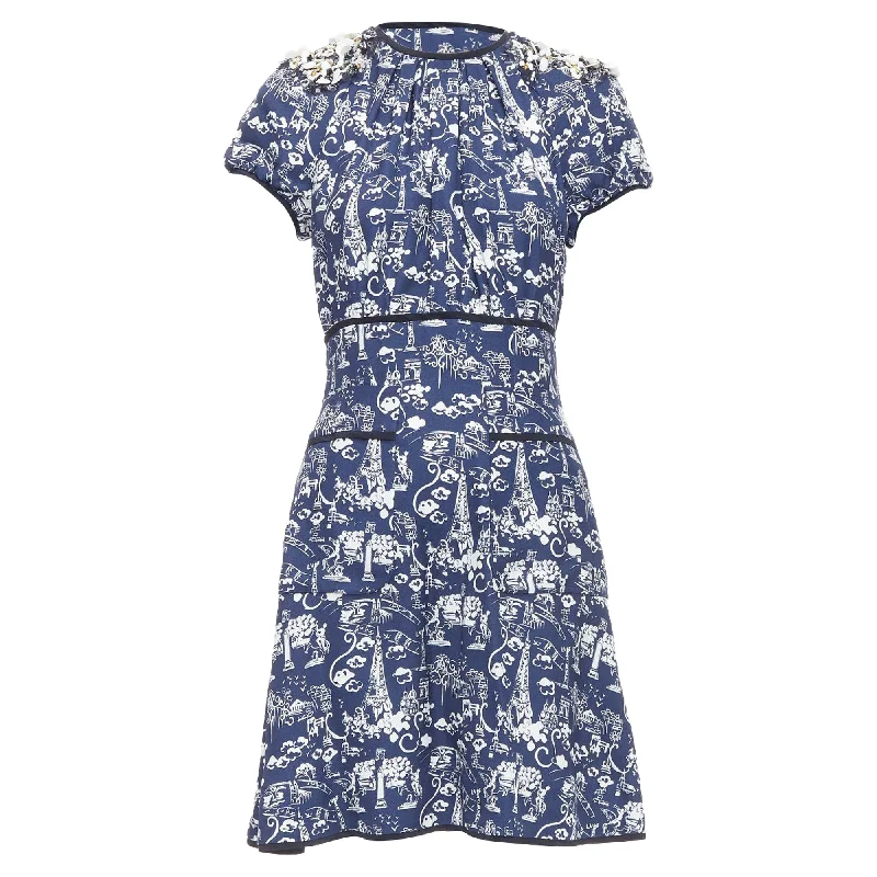 flowy dressLouis Vuitton paris city print embellished neckline dress