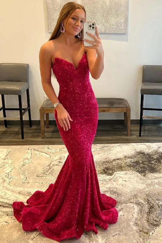 printed dressNeon Pink Sequin Strapless Mermaid Long Prom Dress