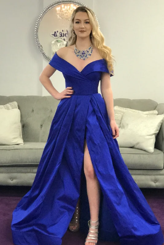 fitted bodycon dressOff the Shoulder Royal Blue Long Prom Dress with Side Slit