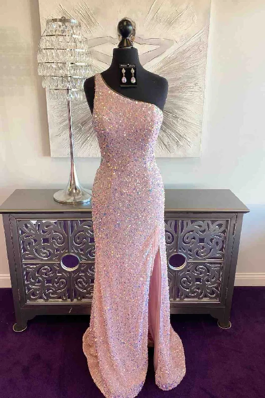 wool dressPink Mermaid One Shoulder Sequins Keyhole Long Prom Dress with Slit