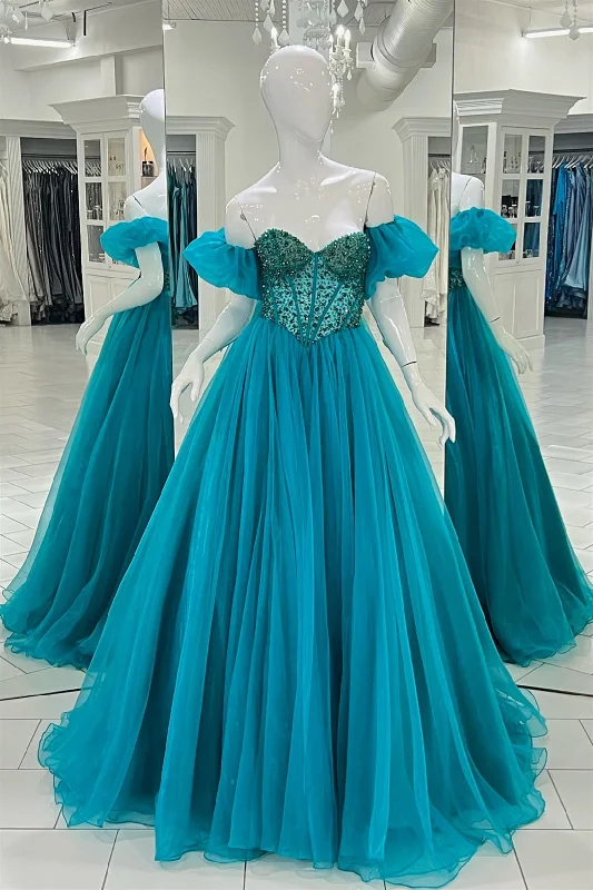 elegant dressBlue Off-the-Shoulder Beaded A-line Tulle Long Prom Dress