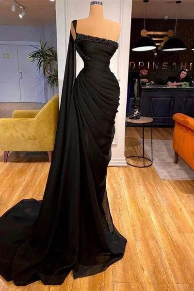 shift dressGorgeous Black One Shoulder Mermaid Prom Dress With Beading Y7834