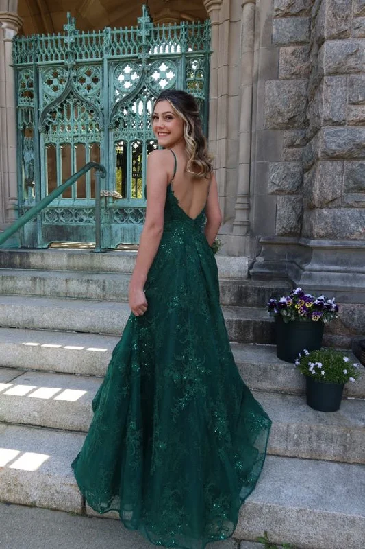 winter dressSparkly Emerald Green Lace Applique Prom Dresses Spaghetti Straps Tulle Glitter Plus Size Party Dress Formal Evening Gown