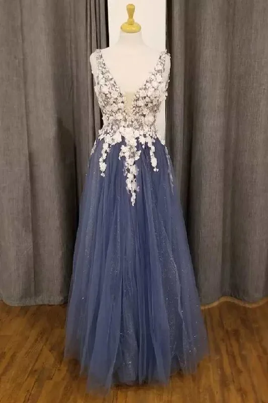 velvet dressWhite and Navy 3D Floral Lace Plunge Neck A-Line Prom Dress