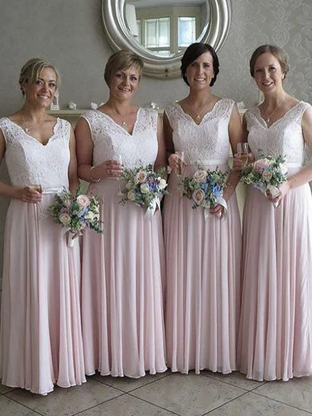 vintage dressGorgeous A-Line Pink Long Bridesmaid Dress with White Lace Top