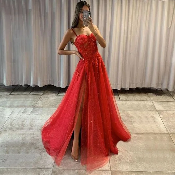 printed dressSparkling Sexy Red Spaghetti Straps Sweetheart Lace Top Side-slit A-line Long Prom Dress