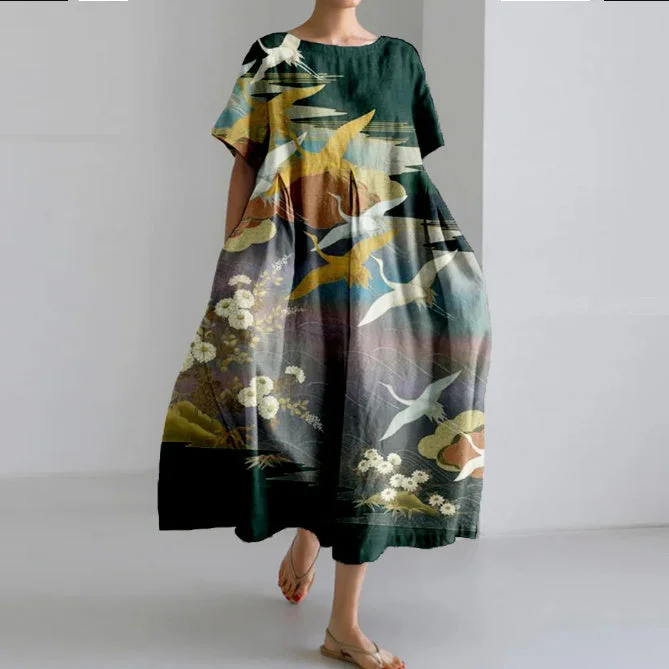 chic wrap dressLoose Round Neck Fashion Temperament Printed Dress