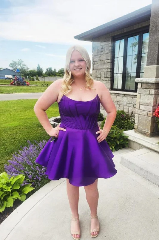 casual dressStrapless Purple Satin A-line Short Homecoming Dress