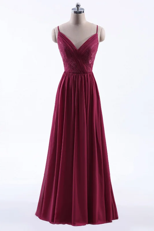 form-fitting dressWine Red Chiffon A-line Long Pleated Bridesmaid Dress