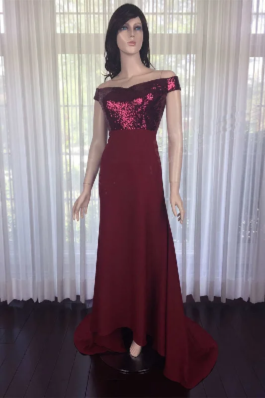 floral midi dressWine Red Sequin Off-the-Shoulder Long Bridesmaid Dress