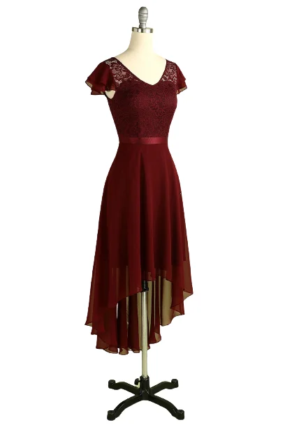 romantic dressHigh Low Short Sleeves Burgundy Bridesmaid Dress