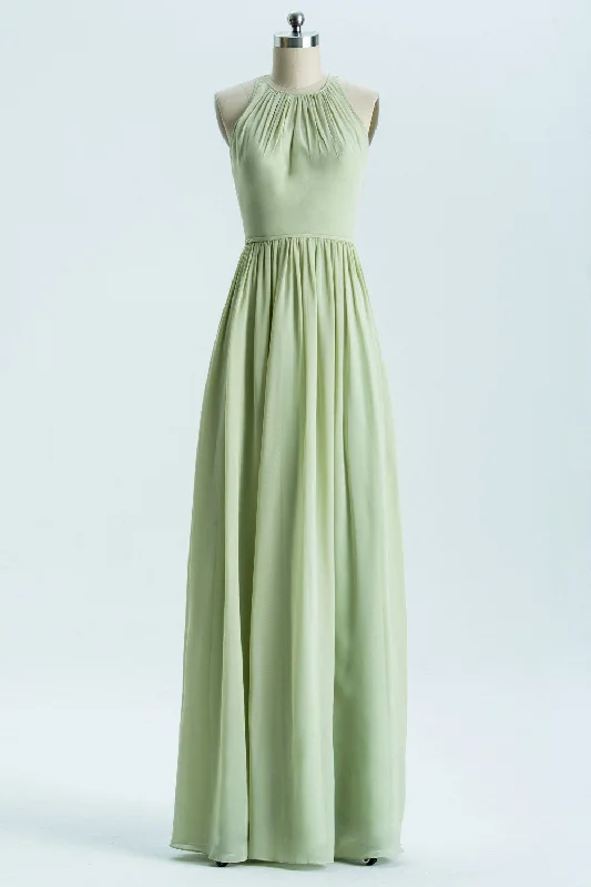 minimalistic dressSage Green Chiffon High Neck Long Bridesmaid Dress