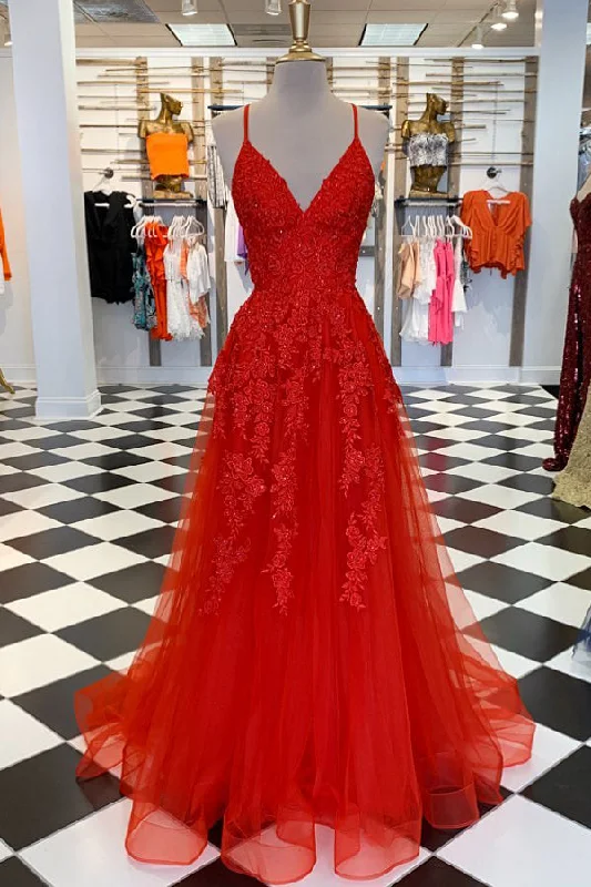 trendy dressElegant V Neck A-Line Red Appliqued Long Prom Dress