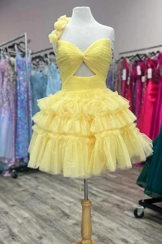 tiered dressOne Shoulder Yellow Knotted A-line Tiered Ruffle Short Dress