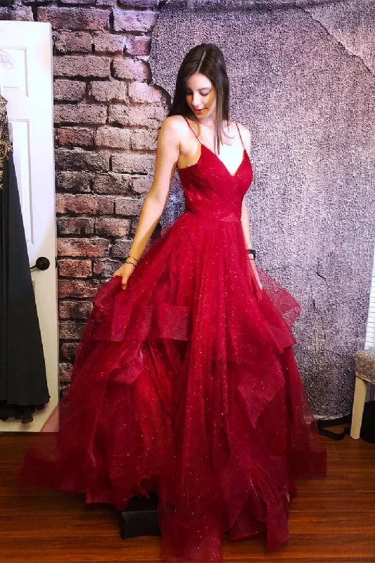 statement dressSparkly Straps Ruffles Red Long Prom Dress with Open Back