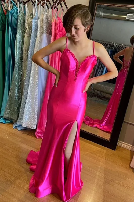 v-neck dressFuchsia Ruffled Plunging V Mermaid Satin Long Prom Dress with Slit