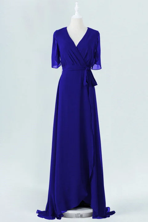 denim dressRoyal Blue Chiffon Wrap Long Bridesmaid Dress