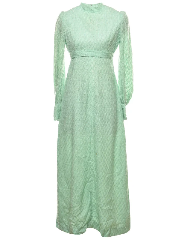 Mint Green Long-Sleeve 1970s High Neck Maxi Dress - M