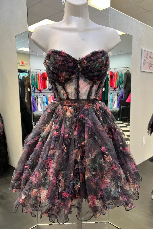 floral wrap dressFlower Prints Strapless A-line Tulle Ruffled Homecoming Dress