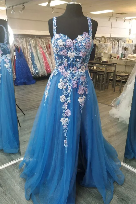 silk dressBlue Sweetheart A-Line Prom Gown with Floral Appliques