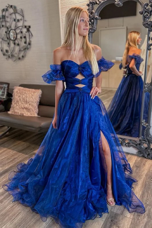 party dressRoyal Blue Tulle Off-Shoulder Rhinestones Long Prom Dress with Slit