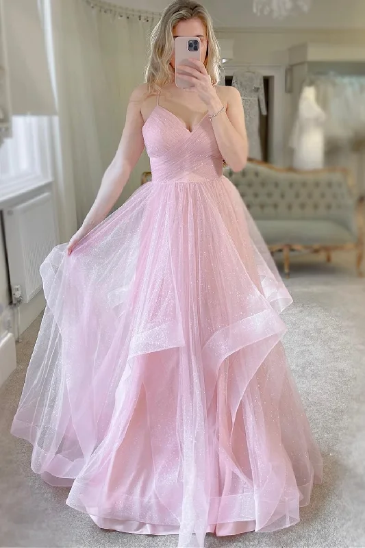 floral midi dressPink A-line Tulle Tiered Ruffles Long Princess Dress