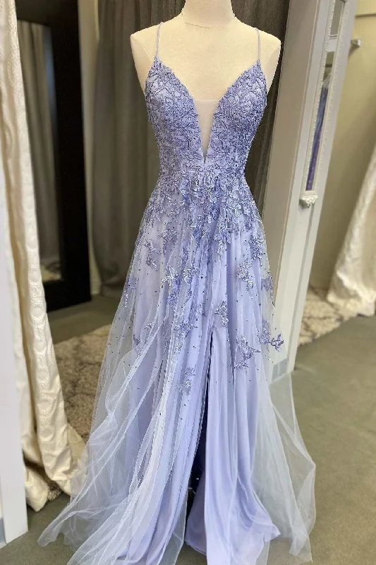 trendy dressPeriwinkle Floral Lace Plunge V A-Line Prom Dress with Slit