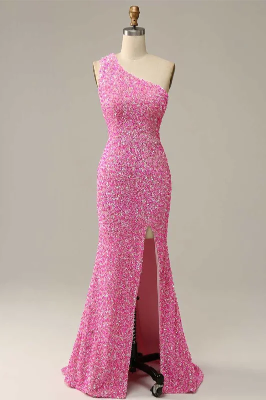 modern dressPink Iridescent Sequin One-Shoulder Mermaid Long Formal Dress with Slit